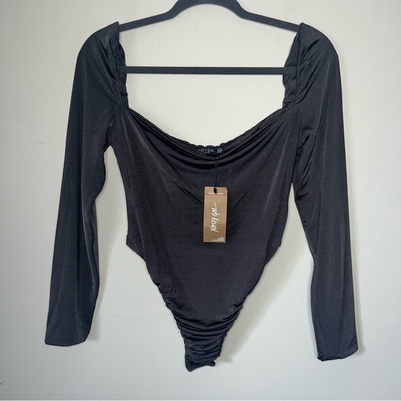 Nasty Gal Thong Bodysuit Square Neck Long Sleeved Chocolate Size 10 NWT - Picture 3 of 12
